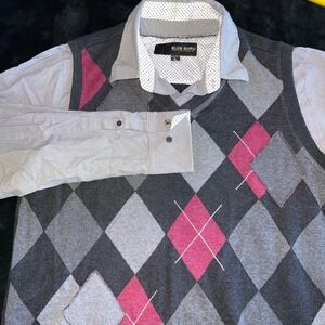 Blue Guru Mens XXL Argyle Sweater Shirt Combo Gray Pink Long Sleeve Preppy